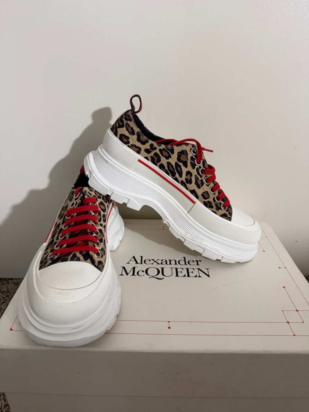 Alexander McQueen Leopard-Print Platform Sneakers with Red Laces